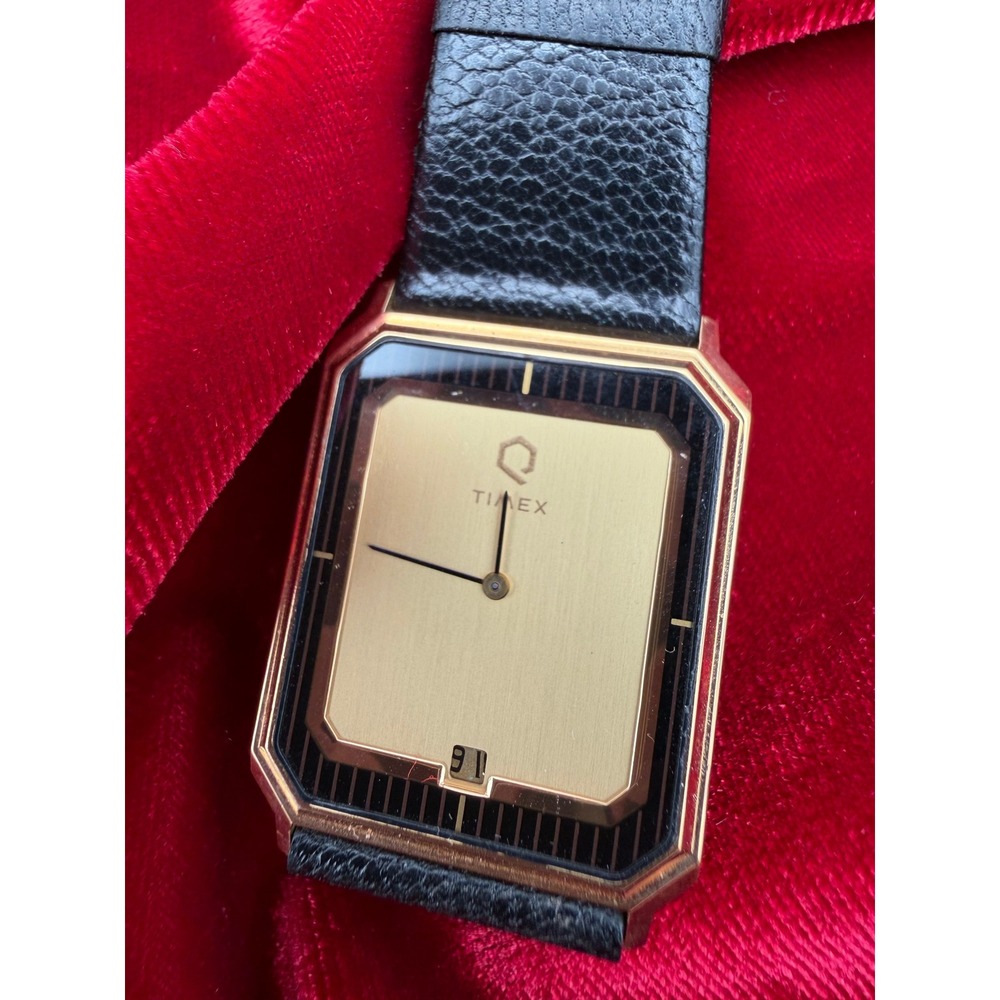 Vintage Q Timex Quartz Gold Tone Rectangular Watch Black Leather Strap Untested